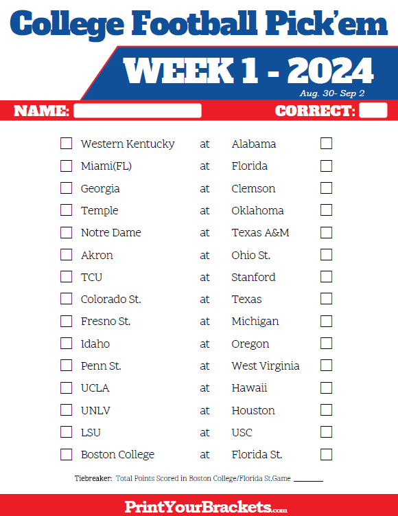 Printable Week 1 College Football Pick'em Sheets - 2020