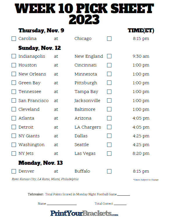 Nfl Week 10 Printable Schedule Customize and Print