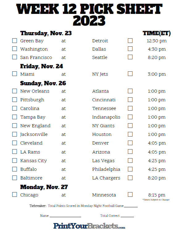 Printable NFL Week 12 Schedule Pick em Pool 2024