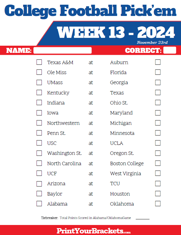 Printable College Football Week 13 Pick 'em Sheets