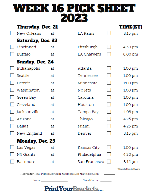 Printable Week 16 NFL Schedule Pick Em Sheets