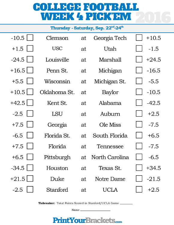 College Football Pick'em Printable Sheets Printable Word Searches