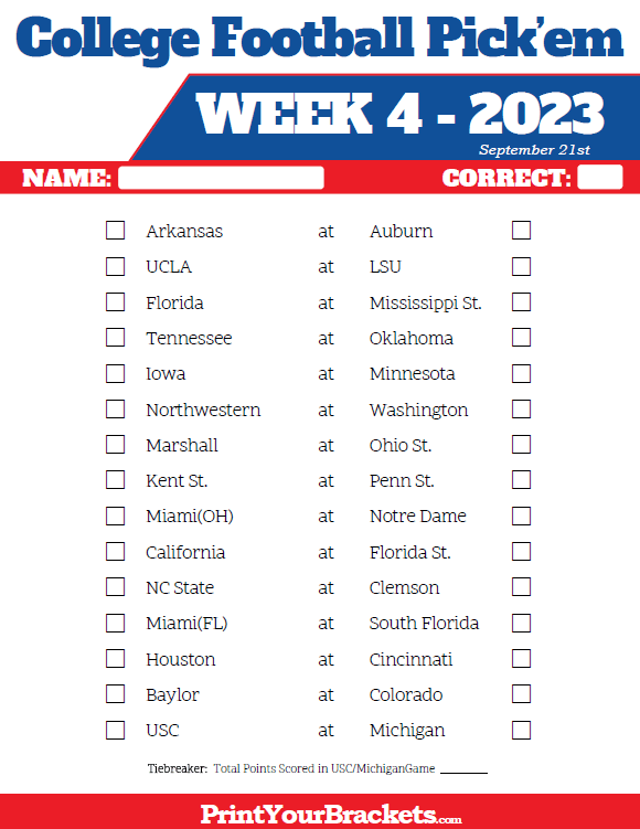 Printable Week 4 College Football Pick'em Sheets 2024