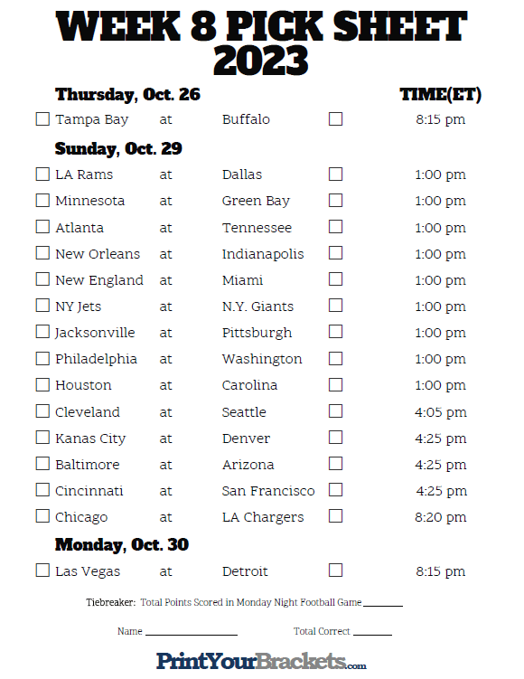 Week 8 Printable Nfl Schedule