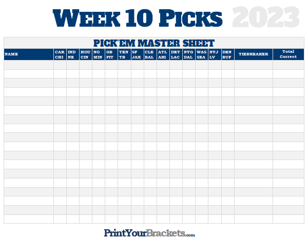 NFL Week 10 Picks Master Sheet Grid - 2023
