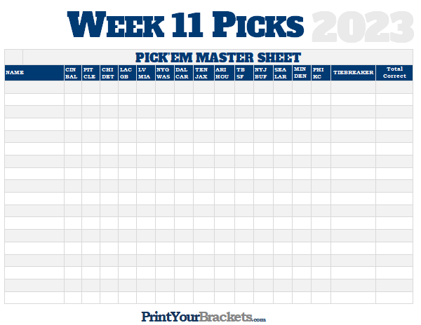 NFL Week 11 Picks Master Sheet Grid - 2023