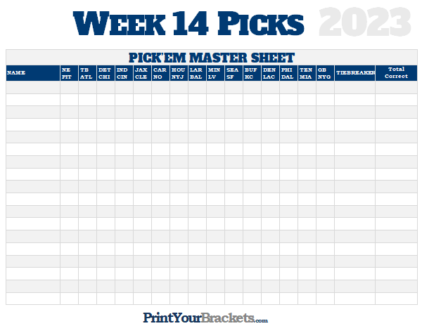 NFL Week 14 Picks Master Sheet Grid - 2023