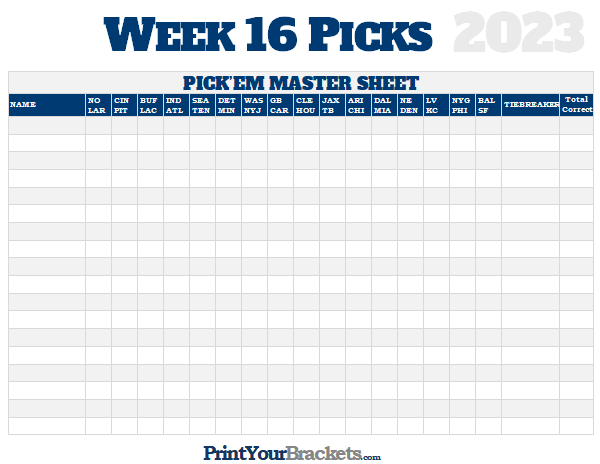 NFL Week 16 Picks Master Sheet Grid - 2023