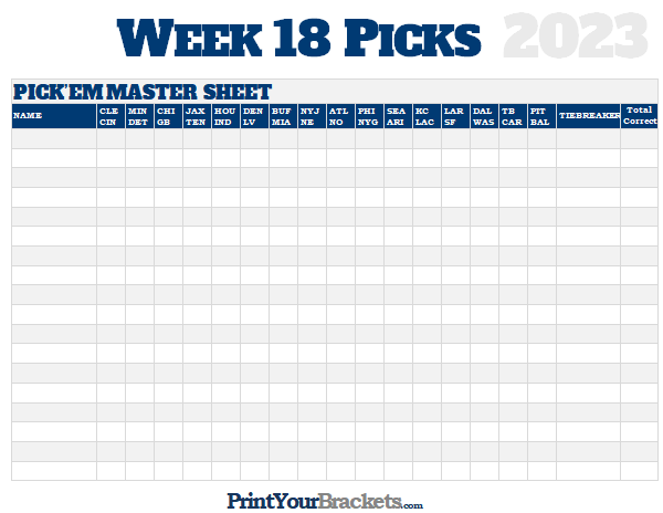 NFL Week 18 Pick'em Against the Spread Sheets - Printable