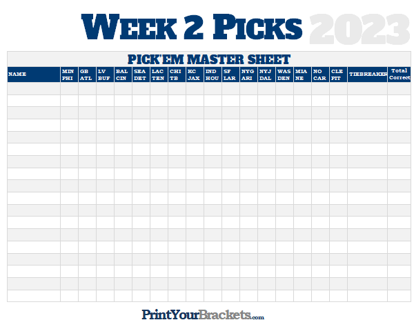 NFL Week 2 Picks Master Sheet Grid - 2023