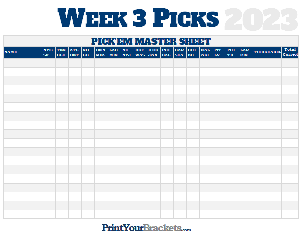 NFL Week 3 Pick'em Against the Spread Sheets - Printable