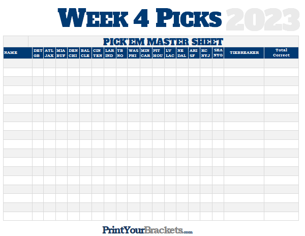 NFL Week 4 Pick'em Against the Spread Sheets - Printable