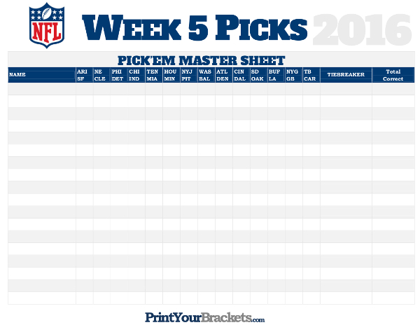 NFL Week 5 Picks Master Sheet Grid