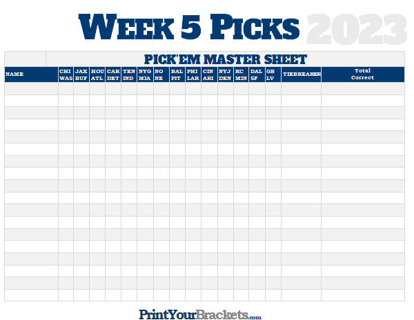 NFL Week 5 Picks Master Sheet Grid - 2023