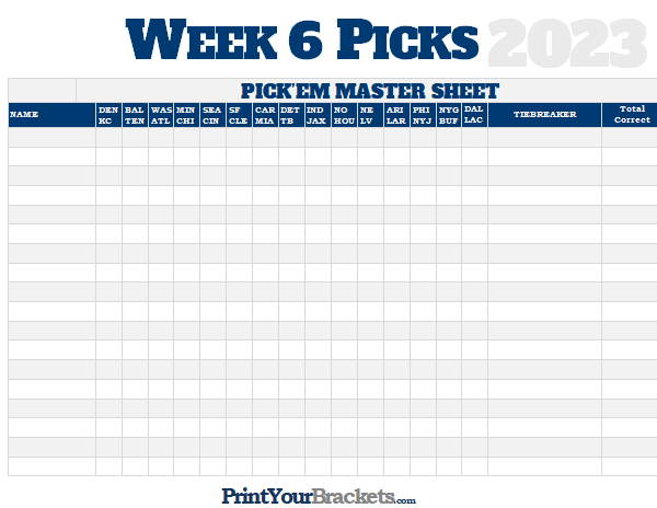 NFL Week 6 Picks Master Sheet Grid - 2023