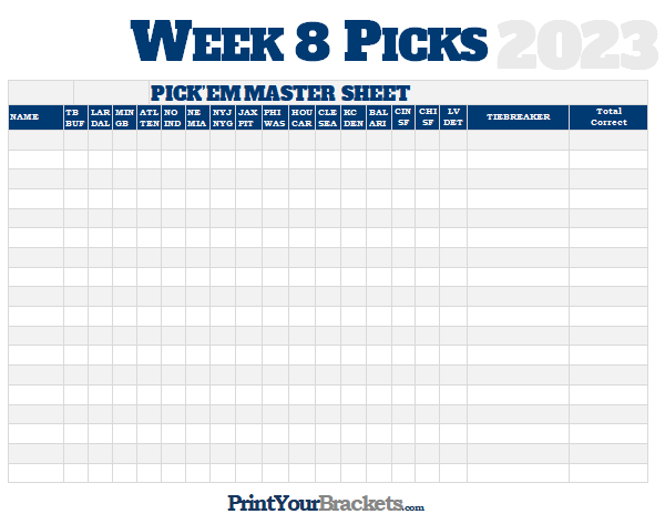 NFL Week 8 Picks Master Sheet Grid - 2023